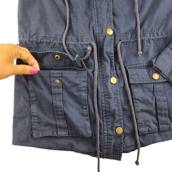 Navy Blue Cargo Jacket Womens Medium Gold Red Hooded Full Zip Utility Chore - Picture 8 of 16